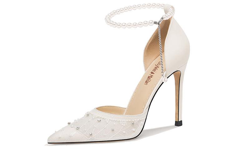 (W) Lily Wei Stiletto High Heels 'White Mesh with Crystal Pearls'