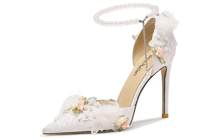 (W) Lily Wei Stiletto High Heels White 'Floral Pearl Buckle Strap'