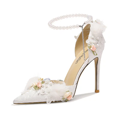 (W) Lily Wei Stiletto High Heels White 'Floral Pearl Buckle Strap'