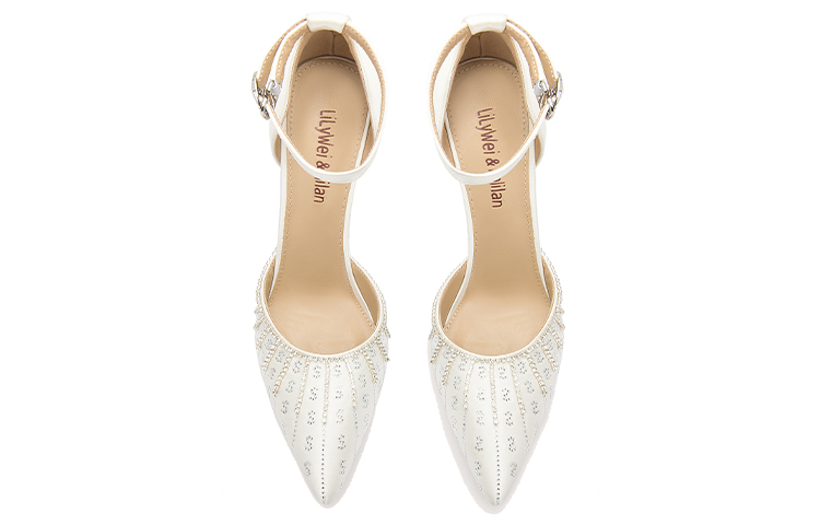 Lookbook 百合玮 水鑽一字式扣帶 細跟 高跟鞋 8公分 女款 白色