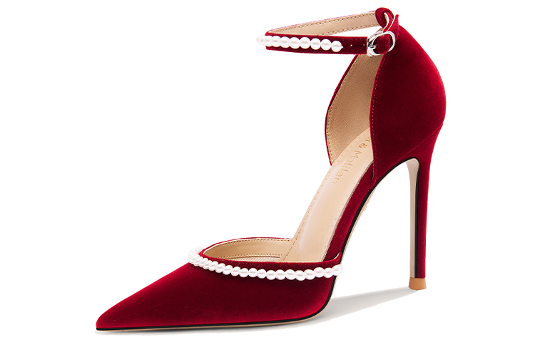 (Women) Lily Wei Suede Pearl Strap Stiletto 'Red' NN-536