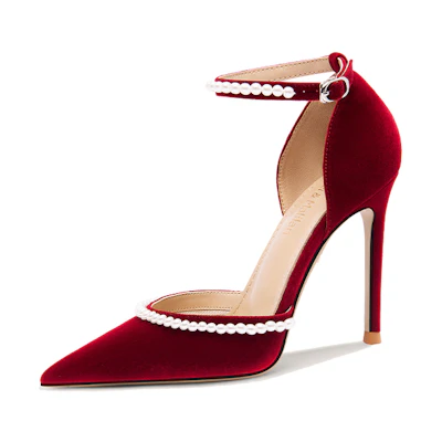 (W) Lily Wei Suede Pearl Strap Stiletto 'Red'