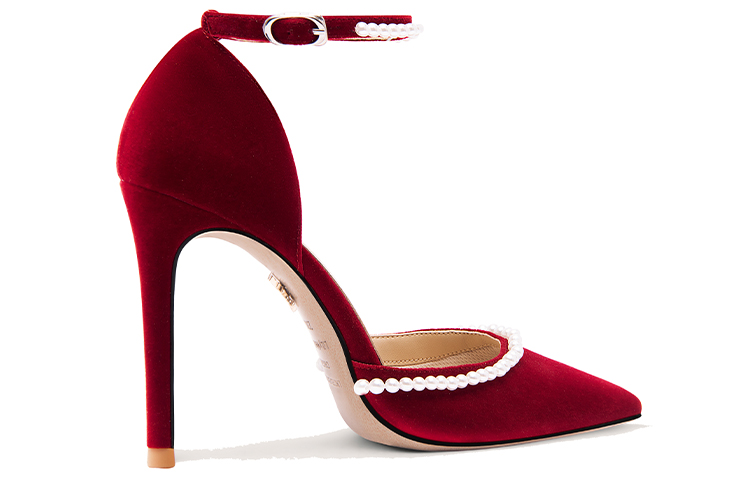 Order 莉莉蔚 绒面珍珠串珠 一字式扣帶 細跟高跟鞋 10公分 女款 紅色