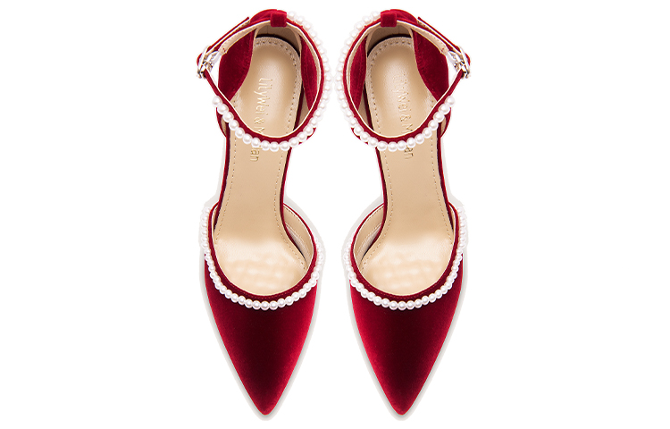 Lookbook 莉莉蔚 绒面珍珠串珠 一字式扣帶 細跟高跟鞋 10公分 女款 紅色