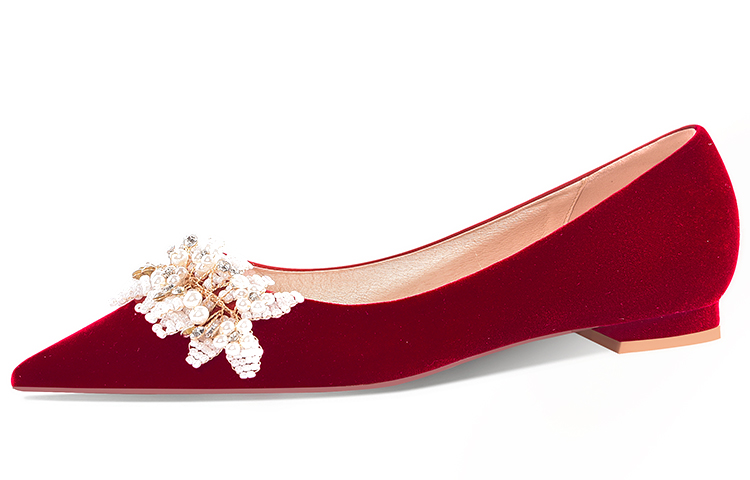 (Women) Lily Wei Velvet Chinese Wedding Shoes Burgundy Bridal Flats for Women Flat Burgundy Single Shoes 068