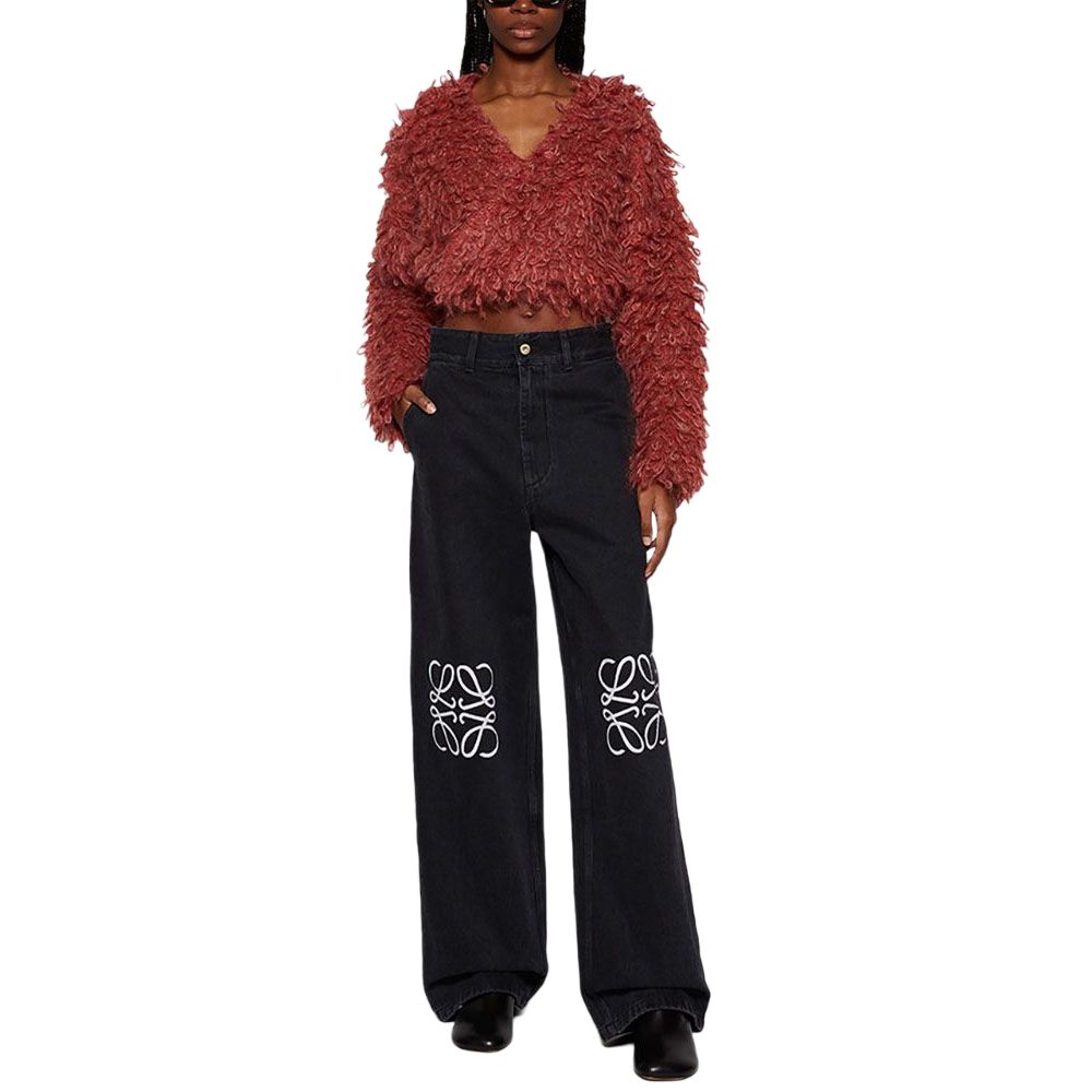 Sizing (W) ロエベ ブラック ローウエスト ワイドレッグ ロゴ ジーンズ S359Y11XAG-1100