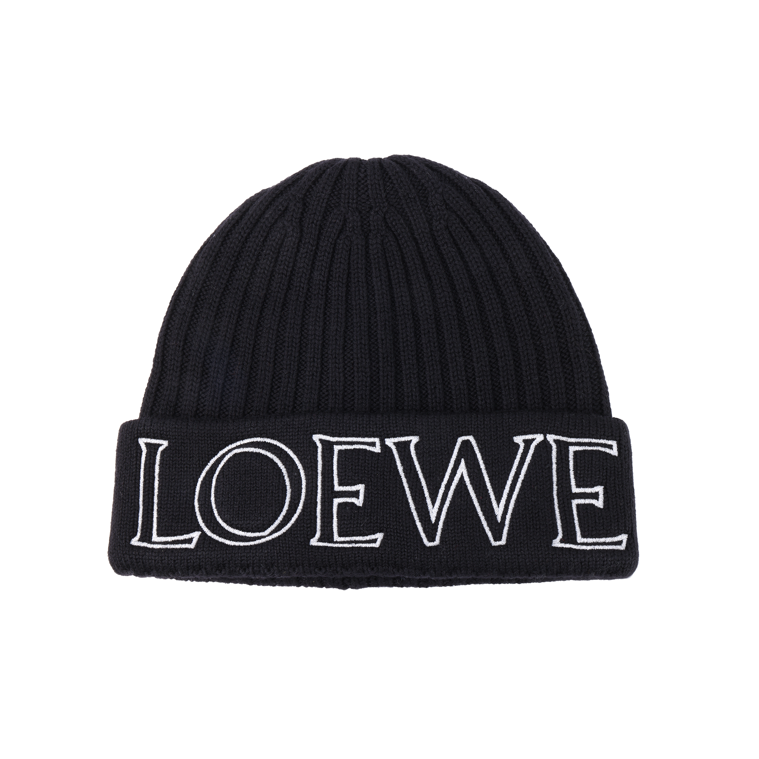 (Women) LOEWE  Black Ribbed Knit Wool Beanie Hat F000257X38