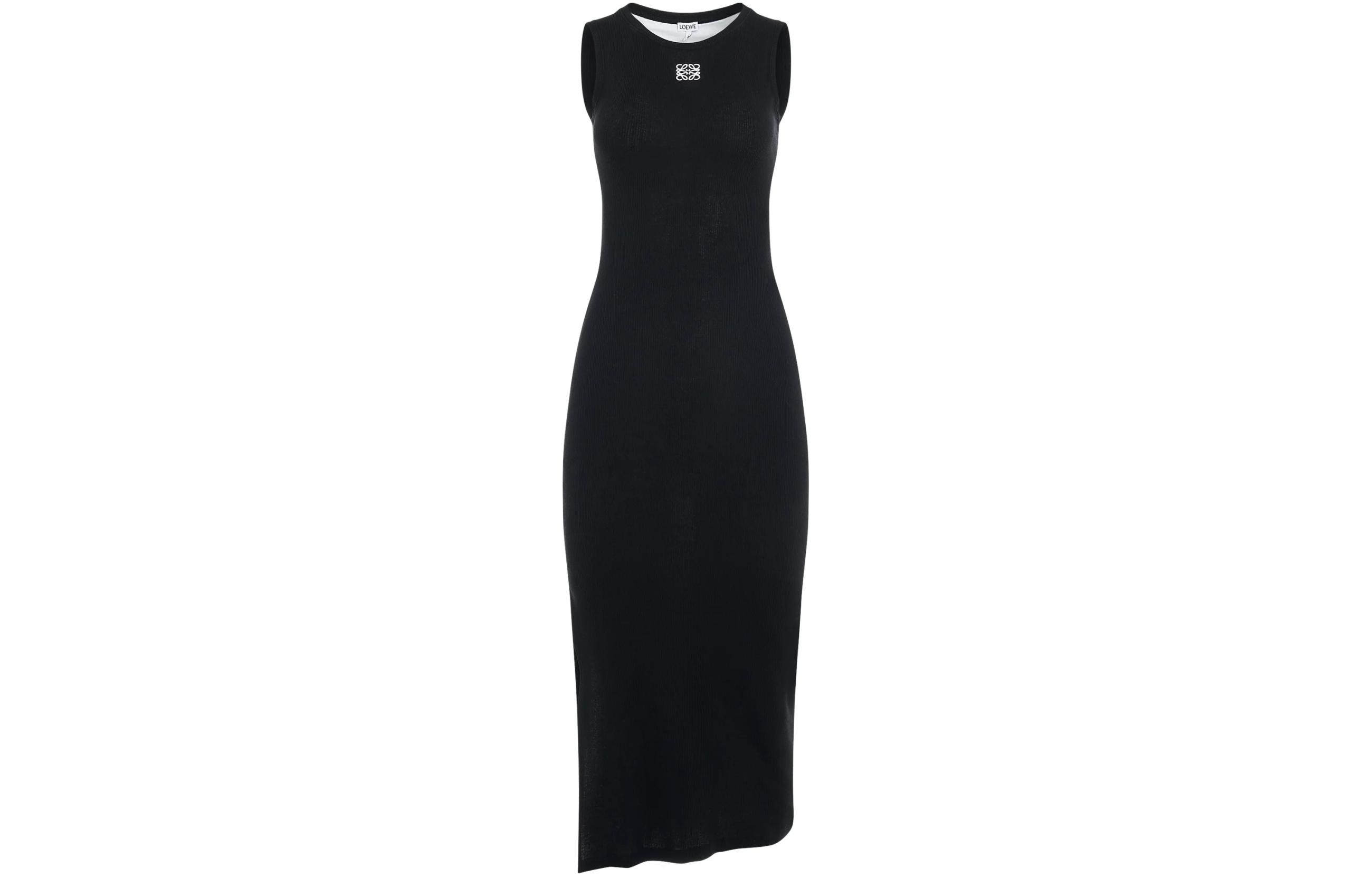 (Women) LOEWE  Black Sleeveless Midi Dress with Embroidered Logo and Cinched Waist. S359Y51X68-1100