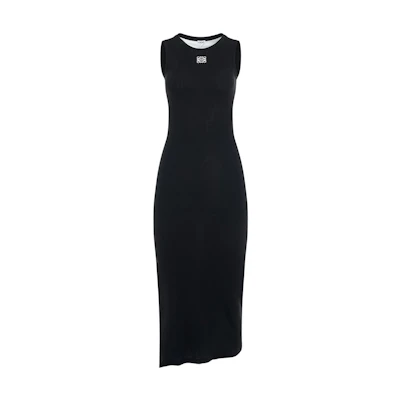 (Women) LOEWE Black Sleeveless Midi Dress with Embroidered Logo and Cinched Waist. S359Y51X68-1100