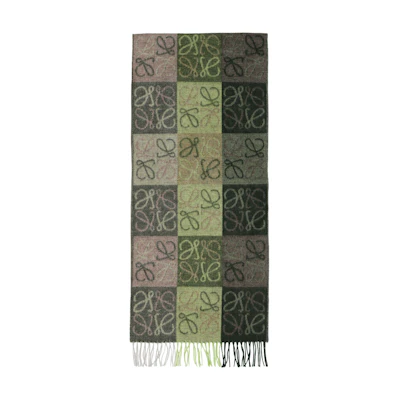 (Women) LOEWE Green Check Logo Wool Scarf. F810487X170010967776