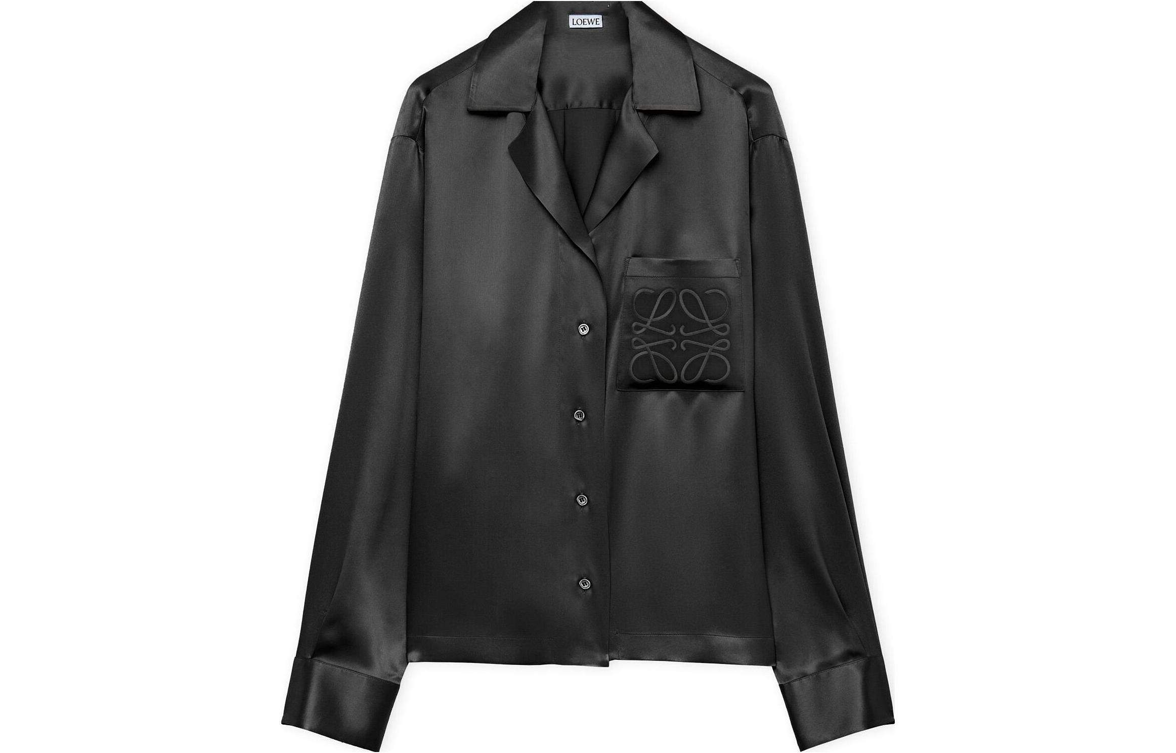 (Women) LOEWE  Silk Satin Pyjama Blouse Long Sleeve Button-Up Shirt Black S359Y05X96-1100