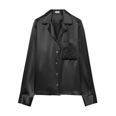(Women) LOEWE Silk Satin Pyjama Blouse Long Sleeve Button-Up Shirt Black S359Y05X96-1100
