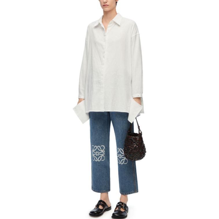 Lookbook (W) ロエベ ロゴプリント入りストレートデニム ジーンズ ミッドウエスト ブルー S359Y11X90-5475