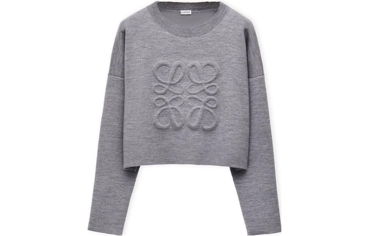 (Women) LOEWE Anagram  Light Gray Wool Crewneck Sweater Long Sleeve Short Style. S540Y14KBG-1130