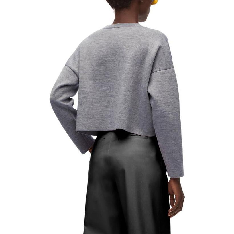 Purchase (W) ロエベ アナグラム ライトグレー ウール クルーネック セーター 長袖 ショート丈 S540Y14KBG-1130