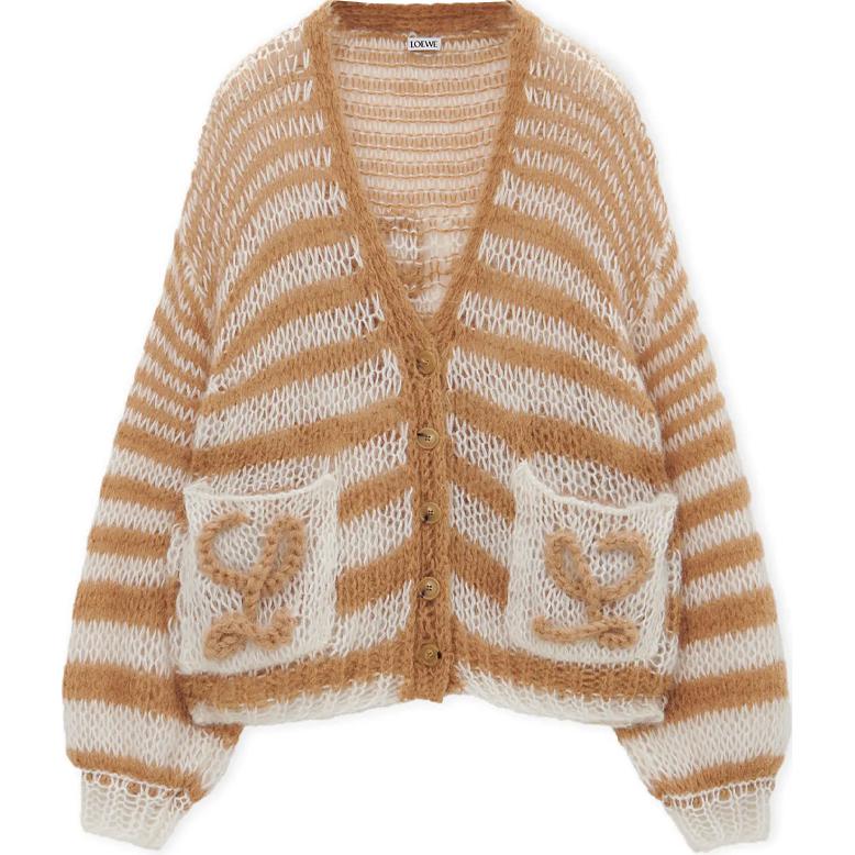 (Women) LOEWE Anagram FW24  Striped Logo V-Neck Cardigan - Camel. S359Y16K70-2073