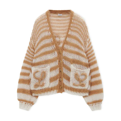 (Women) LOEWE Anagram FW24 Striped Logo V-Neck Cardigan - Camel. S359Y16K70-2073