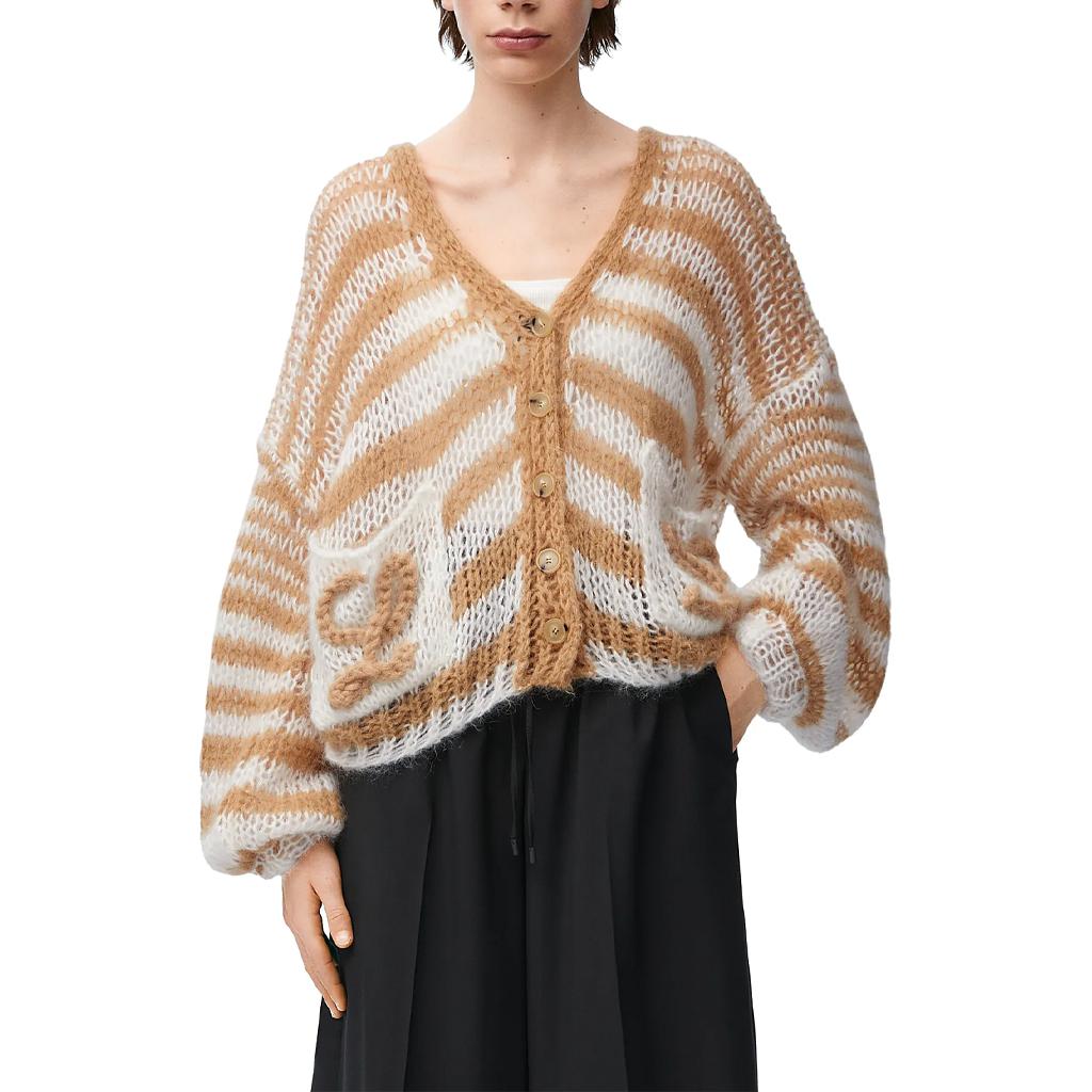 Shop (Women) LOEWE Anagram FW24  Striped Logo V-Neck Cardigan - Camel. S359Y16K70-2073