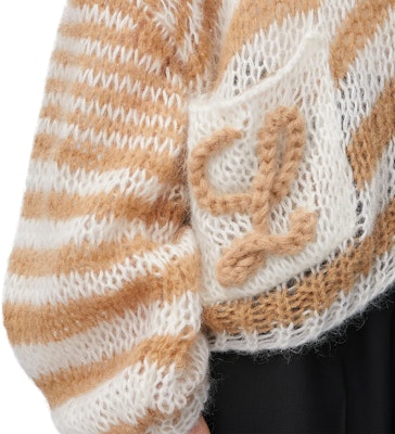(Women) LOEWE Anagram FW24 Striped Logo V-Neck Cardigan - Camel. S359Y16K70-2073 Details for (Women) LOEWE Anagram FW24 Striped Logo V-Neck Cardigan - Camel. S359Y16K70-2073