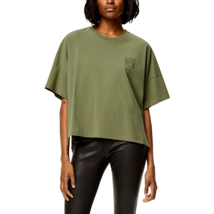 Shop (W) LOEWE Anagram标志刺绣鼠尾草绿短款T恤。 S359341XA4-4380