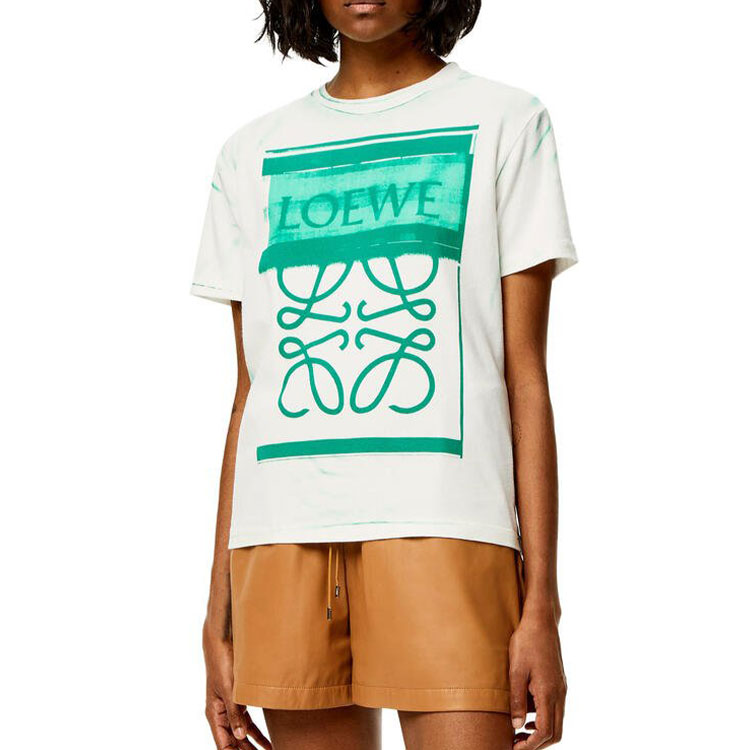 Shop (W) LOEWE Kemeja-T Leher Bulat Logo Kontras Wanita FW22 Putih Oversaiz. S359Y22X27-2104
