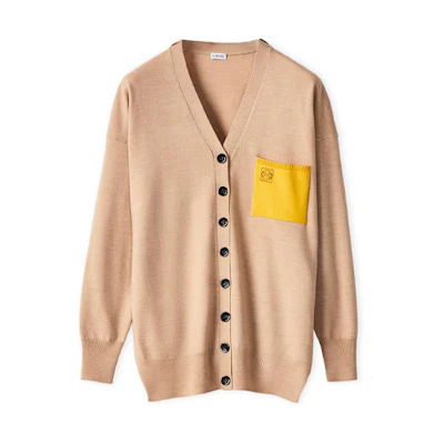 (Women) LOEWE FW21 Anagram Wool Cardigan Sweater for Women - Camel Color S359Y16K04-3150