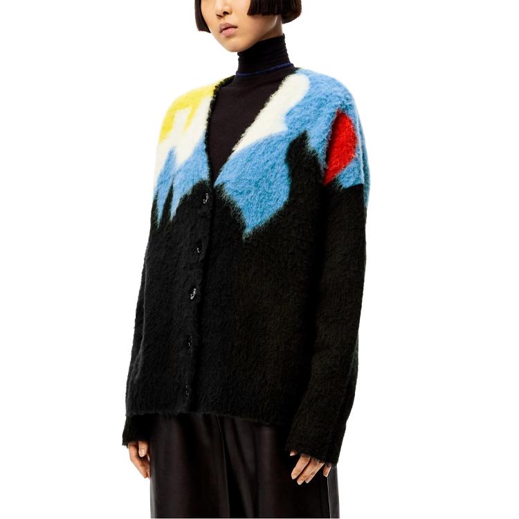 Shop (Women) LOEWE FW21 Black Patterned Loose Fit Knit Cardigan Sweater. S540Y16K23-1489