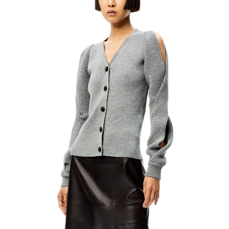 Shop (Women) LOEWE FW21 Wool Knit Cardigan with Braided Sleeves in Gray. S540Y16K21-1120