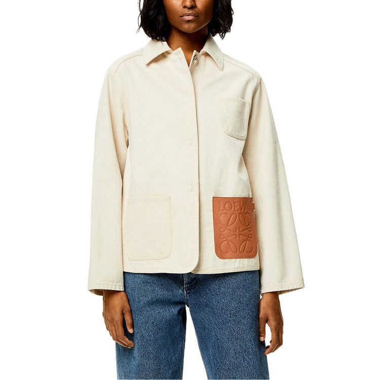 Shop (W) LOEWE FW22 棕色棉麻Anagram皮革口袋工裝外套. S359Y02X64-2370