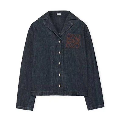 (Women) LOEWE FW23 Solid Color Logo Embroidered Long Sleeve Shirt Indigo. S359Y13X52-5820