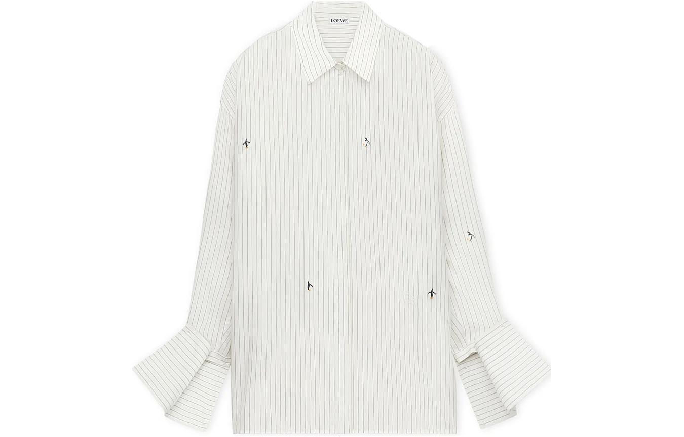 Order (W) LOEWE FW23 Baju Putih Jalur Lengan Panjang dengan Sulaman Penguin S359Y05XB1-6673