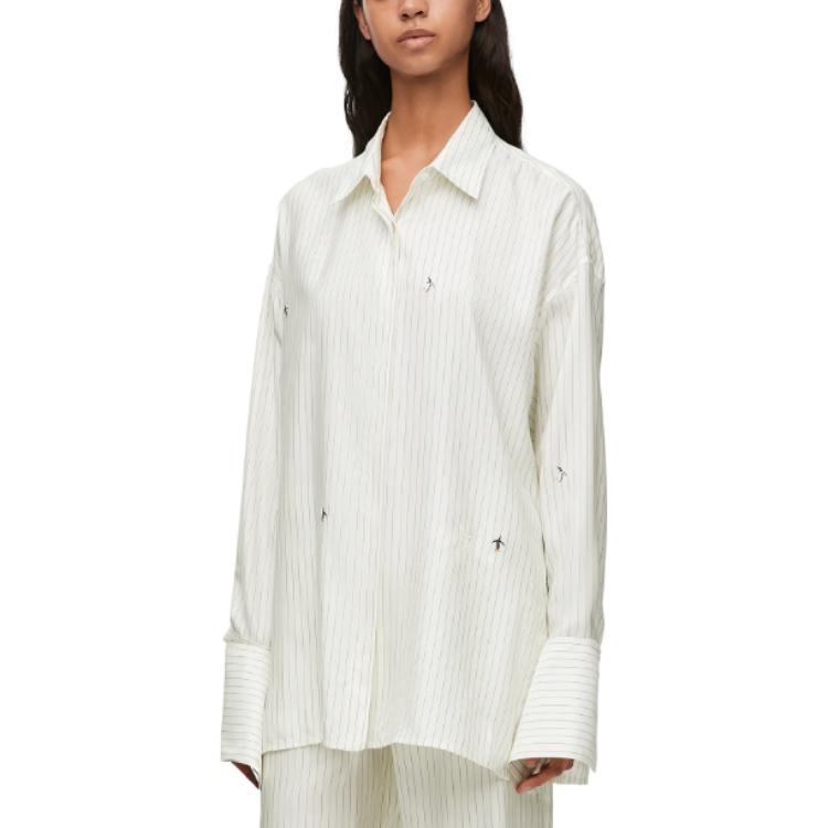 Purchase (W) LOEWE FW23 Baju Putih Jalur Lengan Panjang dengan Sulaman Penguin S359Y05XB1-6673