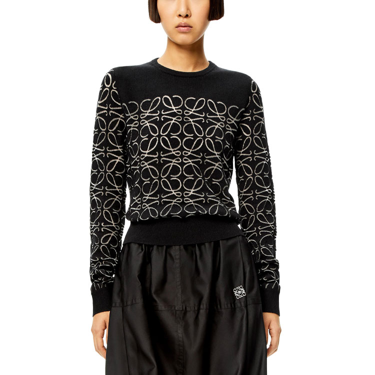 Shop (W) LOEWE SS22 黑色羊毛燃烧花图案羊绒毛衣上衣 S540Y14KA4-1100