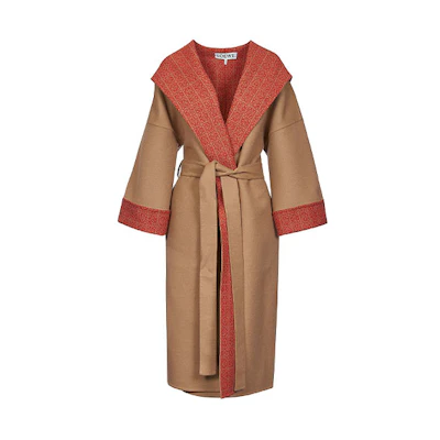(Women) LOEWE SS22 Brown Hooded Tie Long-Sleeve Mid-Length Coat. S359Y01X29-2967