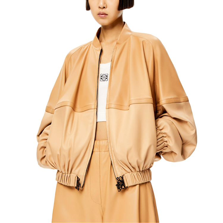 Shop (W) LOEWE SS22 Jaket Kulit Napa Lengan Panjang Beige Kontras S540Y09L01-2155