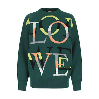 (Women) LOEWE SS22 Green Cashmere Jacquard Knit Pullover Sweater. S359Y14K63-4061