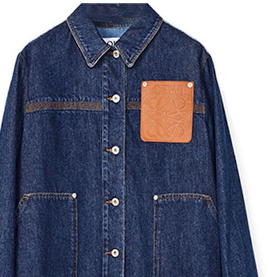 (Women) LOEWE SS22 Blue Denim Jacket with Logo Patchwork and Button Design. S359Y50X06-5432 Details for (Women) LOEWE SS22 Blue Denim Jacket with Logo Patchwork and Button Design. S359Y50X06-5432