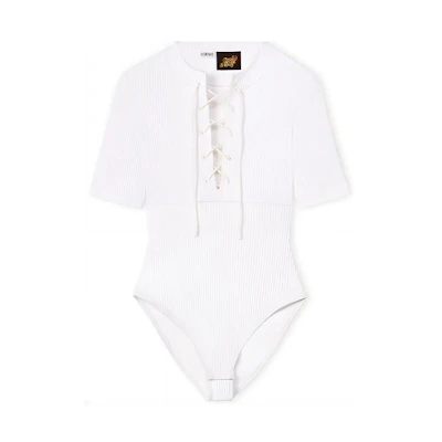 (Women) LOEWE SS22 Paula's Ibiza White Tie-Collar Long-Sleeve Jumpsuit. S616Y27X24-2029