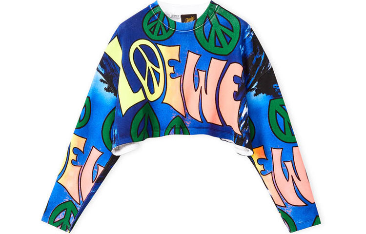 (Women) LOEWE SS22 Paula's Ibiza Colorblock Logo Print Crop Sweatshirt Women Blue S616Y24X02-9990