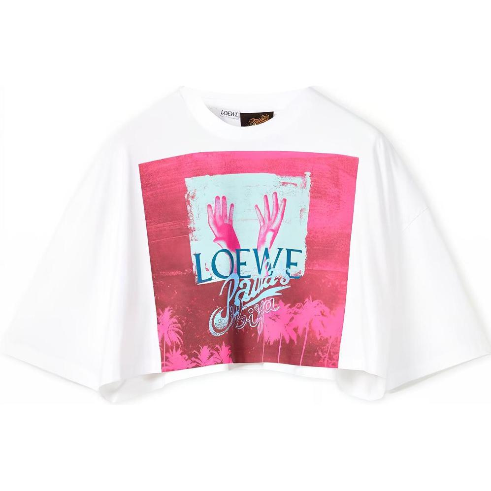 (Women) LOEWE SS22 Paula's Ibiza Palm Tree Cotton Crop Long Sleeve T-Shirt Women White. S616Y22X39-2016