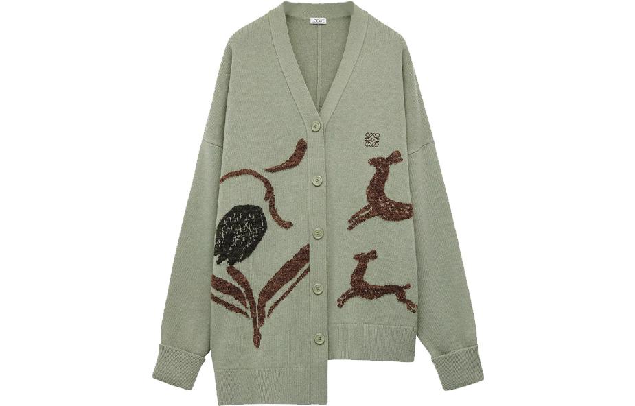 (Women) LOEWE SS23  Asymmetric Bambi Jacquard V-Neck Knit Sweater Light Green S800Y16K17-4380