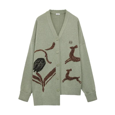 (Women) LOEWE SS23 Asymmetric Bambi Jacquard V-Neck Knit Sweater Light Green S800Y16K17-4380