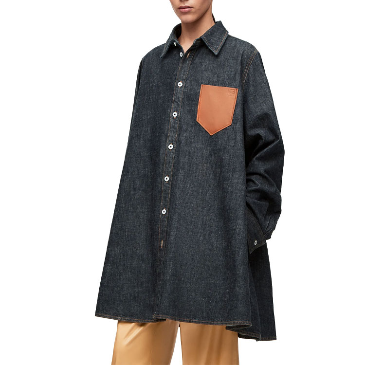 Shop (W) 로에베 SS23 데님 블루 포켓 패치 루즈 롱슬리브 셔츠 S540Y13X27-5400