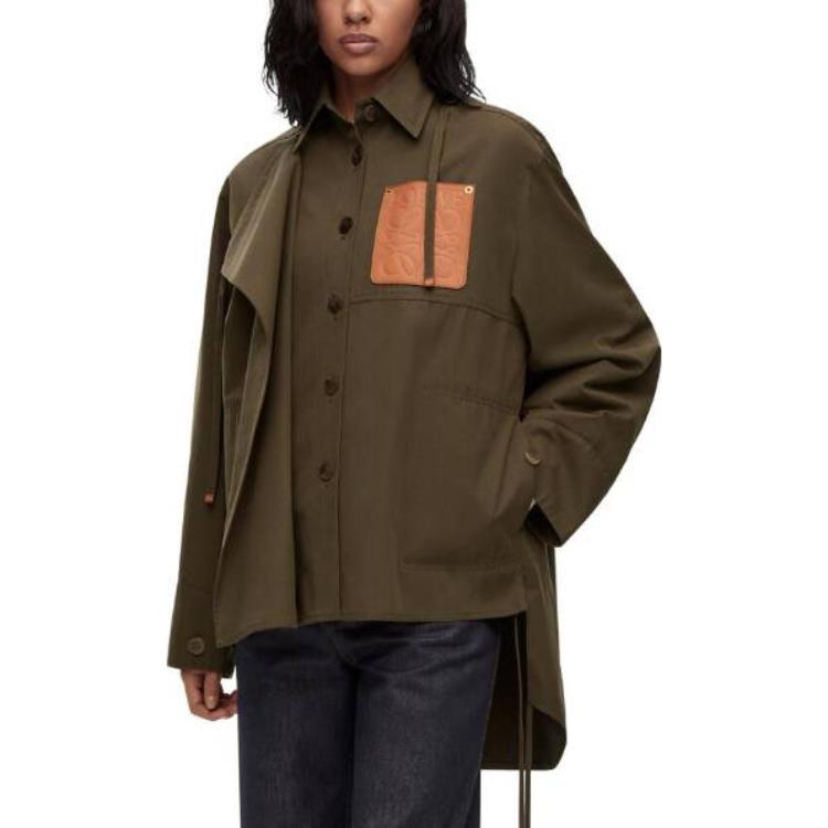 Shop (W) LOEWE SS23 Jaket Parka Militar dengan Hood Lepas Pasang Warna Khaki Hijau. S540Y02X10-4160