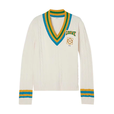 (Women) LOEWE SS23 White V-Neck Sweater with Logo Print. S359Y14KBS-1950