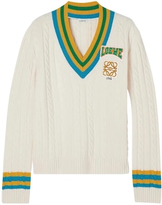 (Women) LOEWE SS23 White V-Neck Sweater with Logo Print. S359Y14KBS-1950 Order (Women) LOEWE SS23 White V-Neck Sweater with Logo Print. S359Y14KBS-1950