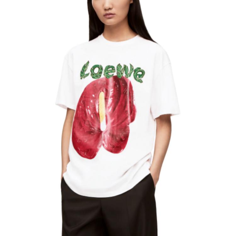 Shop (W) LOEWE SS23 Baju-T Putih Wanita Cetakan Anthurium Pendek S540Y22X28-2107