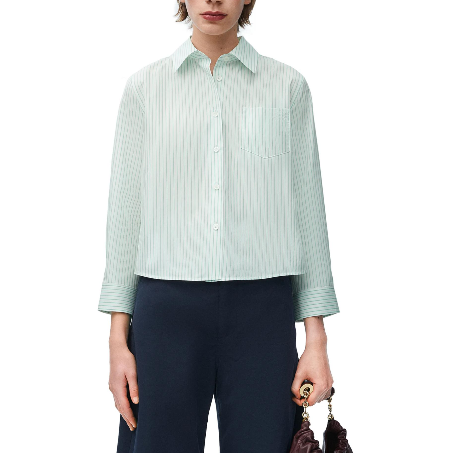 Shop (W) ロエベ SS24 グリーンホワイト ストライプ 長袖 ボタンアップシャツ. S359Y05XCB-4102