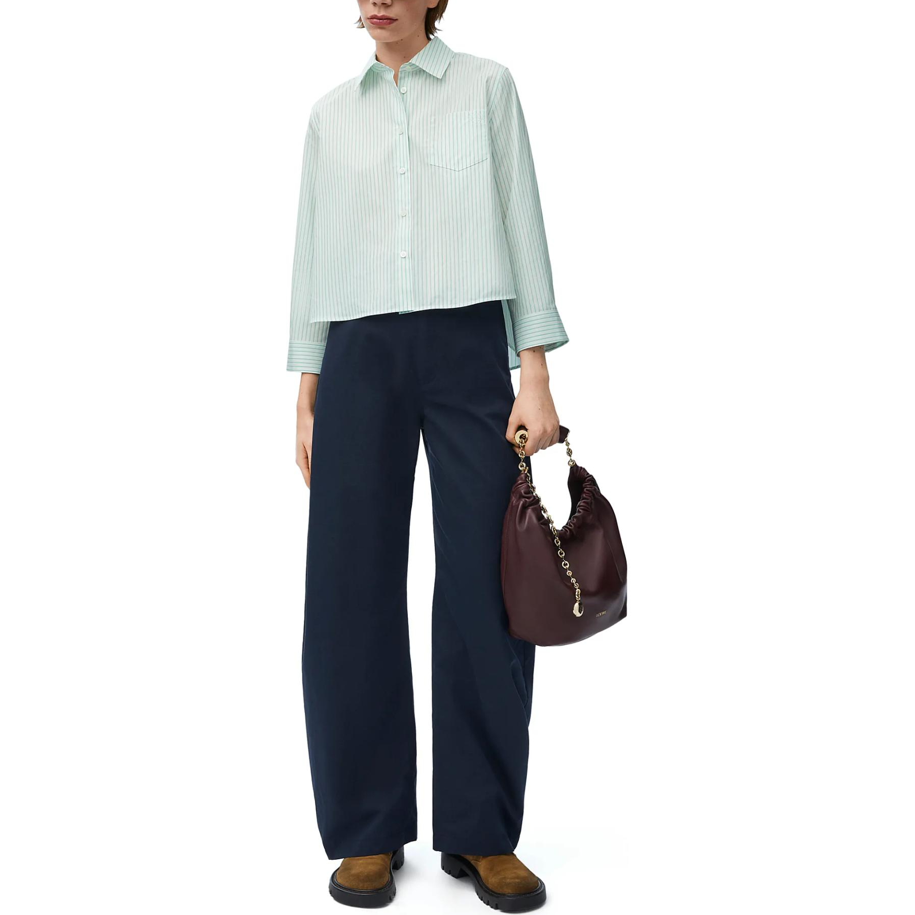 Sizing (W) ロエベ SS24 グリーンホワイト ストライプ 長袖 ボタンアップシャツ. S359Y05XCB-4102