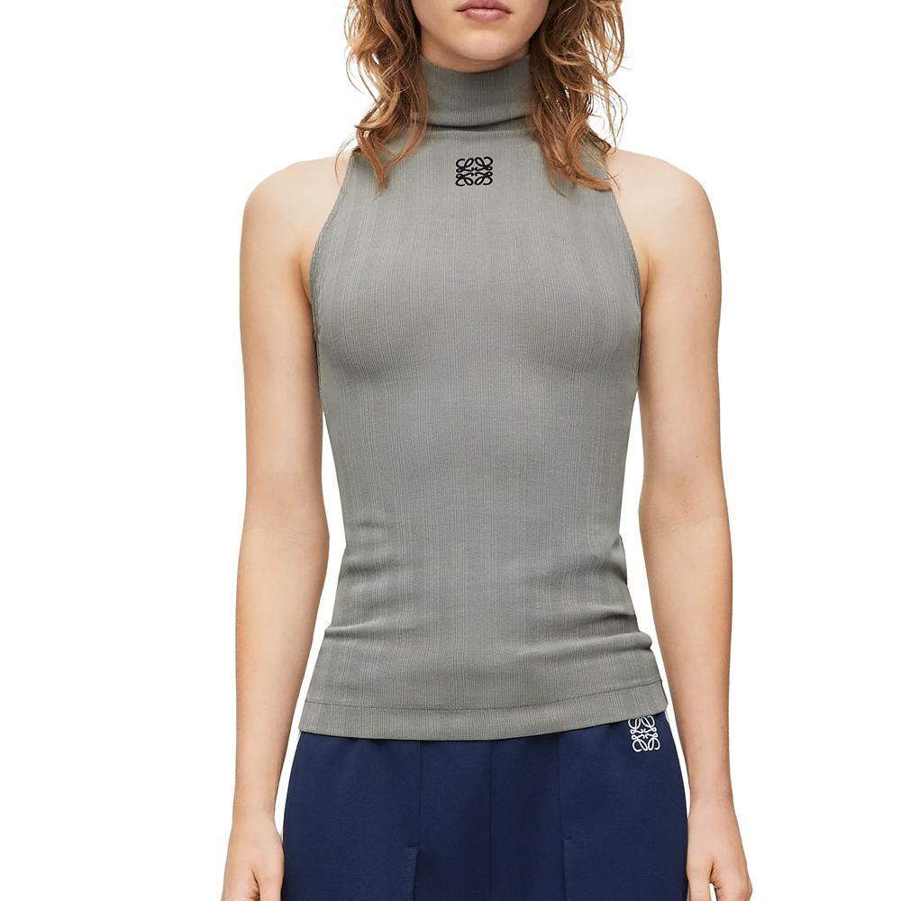 Shop (W) LOEWE SS24 Gris Slim-Fit Top de Cuello Alto con Bordado de Logotipo. S359Y23X81-8594